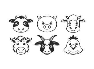 Farm animal faces icon set cow pig sheep