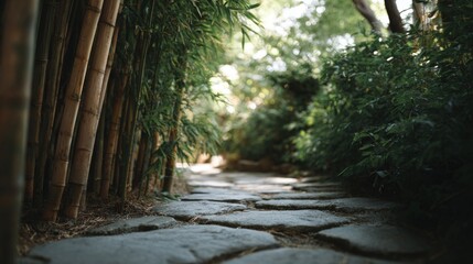 Naklejka premium Stone pathway in a garden. the pathway is made up of small, irregularly shaped stones that are arranged in a way that creates a sense of depth and dimension.