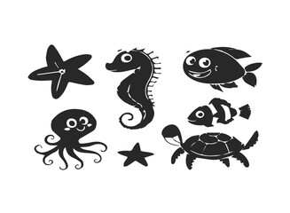 Cute sea creature faces and starfish icons collection