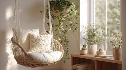 Corner of a room with a hanging chair. the chair is made of woven rattan and has a white cushion on it. it is suspended from the ceiling by two ropes.