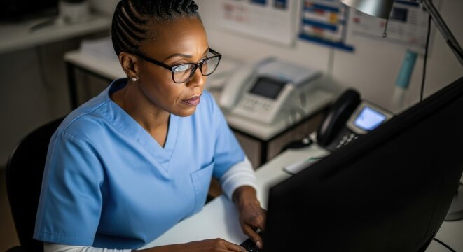Dedicated African-American female doctor working late on computer in a modern clinic or hospital office, reviewing patient data for telemedicine and health. - Powered by Adobe