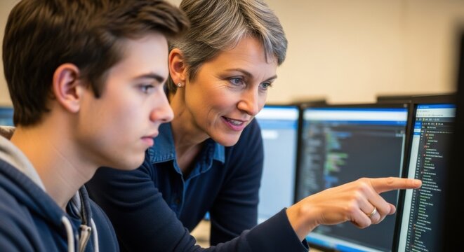 Experienced female instructor helping a young male student review code on a computer screen in a training lab. Technology education, mentorship, coding, and higher learning concept.