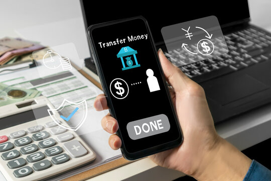 The concept of transferring money via mobile networks, encrypting and filling in payment information safely and securely - Powered by Adobe