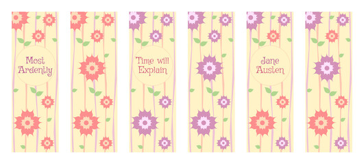 Set of five bookmarks with floral pattern for book readers - Bookmarks with Jane Austen quotes for classic romance readers