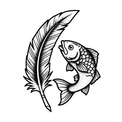 Obraz premium A black and white illustration of a fish and a feather.
