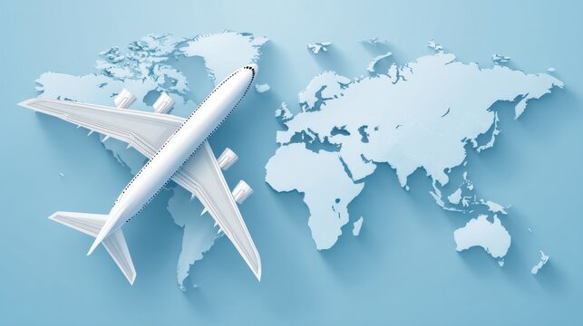 Airplane flying over world map for global travel