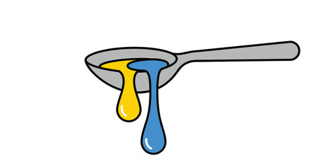 A simple illustration of a spoon with dripping yellow and blue liquids