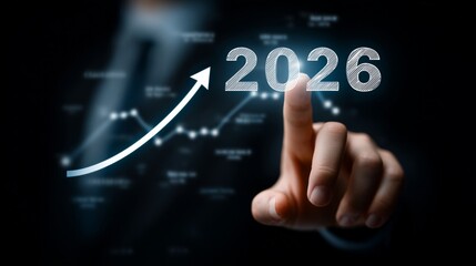 Hand interacting with a digital display showing future financial growth and business forecast for 2026