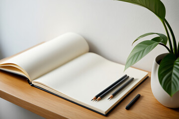 Open Sketchbook with Pencils on Wooden Tabletop Near Potted Plant in Minimalist Home Decor Featuring Creativity and Simple Design Aesthetics