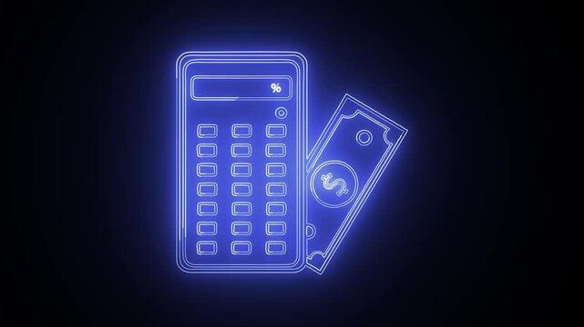 Calculator and Money Neon Sign Animation on Black Background.