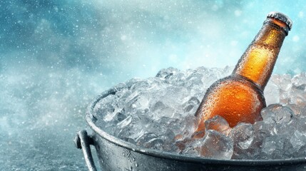 Refreshing Cold Beer Bottle Surrounded by Ice Cubes in a Metal Bucket on a Cool Blue Background with Sparkling Light Effects