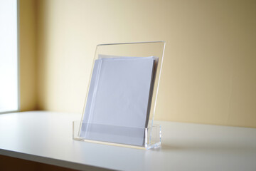 Transparent Acrylic Document and File Holder on White Table with Neutral Background in Comfortable Office Workspace