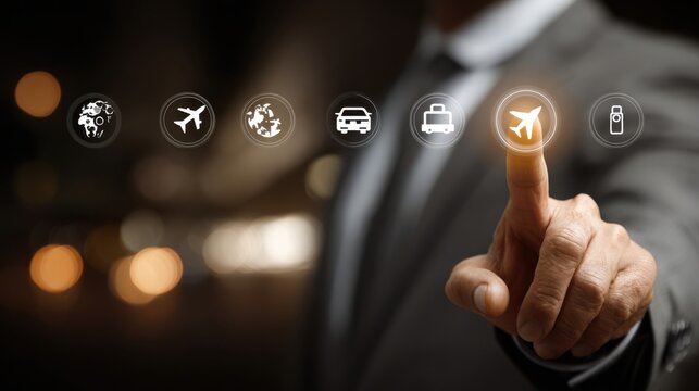 Businessman selecting travel option on a digital interface
