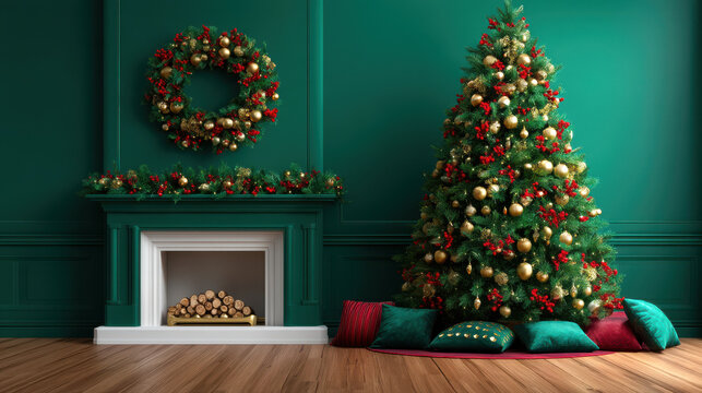 Festive green living room with decorated Christmas tree, wreath and garland creating cozy elegant holiday atmosphere - Powered by Adobe