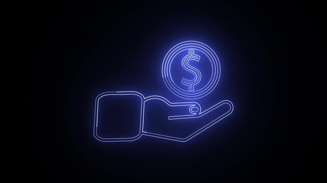 Neon Hand Holding Dollar Coin Financial Concept.