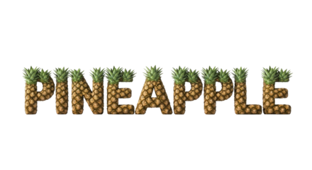 Text spelling "pineapple," each letter formed from miniature fruits on a black background