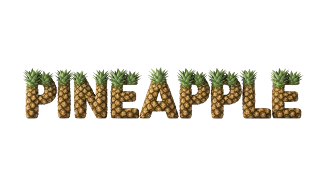 Text spelling "pineapple," each letter formed from miniature fruits on a black background