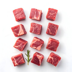 Raw goat meat cubes isolated on white background showcasing fresh protein-rich culinary ingredient ideal for cooking, stews, recipes