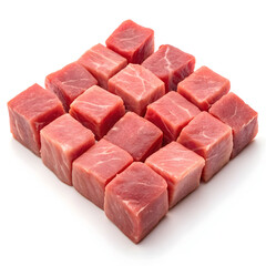 Raw goat meat cubes isolated on white background showcasing fresh protein-rich culinary ingredient ideal for cooking, stews, recipes