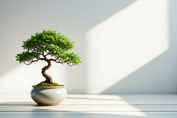 Bonsai Tree in Ceramic Pot on White Wooden Surface Minimalist Decor Symbolizing Peace and Harmony Natural Tranquility