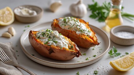 Healthy baked sweet potatoes filling with creamy sour cream, fresh chopped parsley, and black pepper