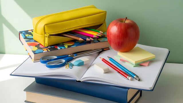 Back to school supplies with a healthy apple