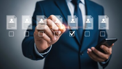 Businessman Selecting Candidate Profile from Digital Documents on Virtual Screen