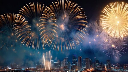 Colorful fireworks illuminating city skyline at night during celebration   - Powered by Adobe