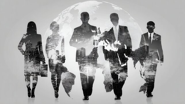 Diverse team of professionals with global city overlay