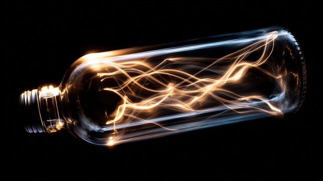Energy Confinement: Luminescent energy dances within a transparent glass container, creating a striking visual of contained power against a dark background.