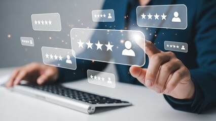 Customer Experience: Hand Giving Five Star Rating on Virtual Screen