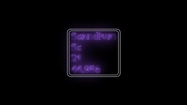 Glowing neon Scandium element animation. Neon Scandium element animated on black background. 4k