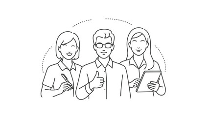 Three diverse people in a line drawing a woman taking notes and a man giving a thumbs up