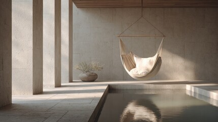 Modern and minimalist interior space with a concrete floor and walls. the focal point of the image is a hanging hammock suspended from the ceiling, which is made of a light-colored fabric.