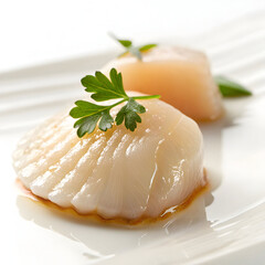 Raw scallop single piece isolated on white background showcasing fresh seafood ingredient ideal for cooking, recipes, gourmet dishes