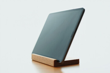 Tablet Standing on Wooden Stand Against White Background Digital Device Displayed Vertically Simple and Clean Tech Setup Minimalist Aesthetic