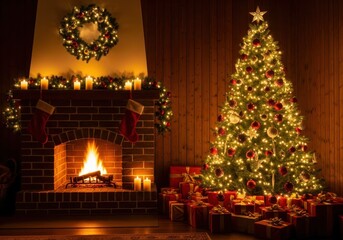Obraz premium Cozy christmas scene featuring a brightly lit tree, roaring fireplace, stockings, and presents