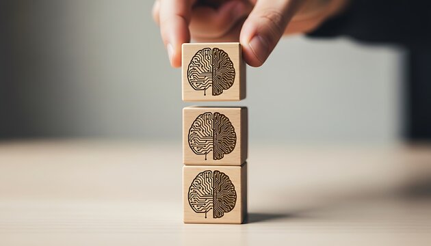 Hand stacking wooden blocks with brain circuit pattern, symbolizing artificial intelligence and cognitive technology development - Powered by Adobe