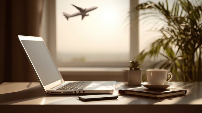 Laptop coffee notebook phone airplane view