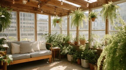 Obraz premium Cozy living room with a wooden ceiling and large windows that offer a view of the city.