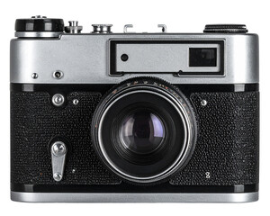 A retro-style vintage film camera photographed from the front view, textured metal bo