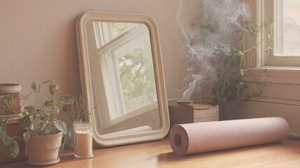 Window sill with a rolled up pink yoga mat on it. next to the mat, there is a white rectangular mirror hanging on the wall.