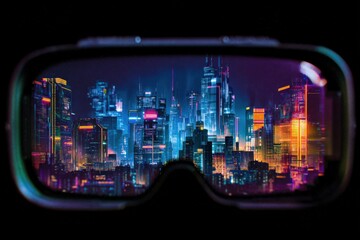 Vision of the Future: The image captures a pair of virtual reality glasses with a futuristic cityscape displayed within, symbolizing the forefront of technological advancement.