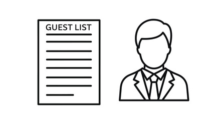 A simple line drawing depicts a guest list with a silhouette of a man in a suit