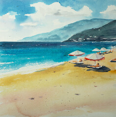 Fototapeta premium Watercolor painting with sea and beach view.