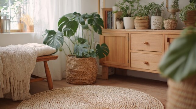 Corner of a room with a wooden floor and a window with white curtains. on the left side of the image, there is a wooden bench with a white throw blanket draped over it.
