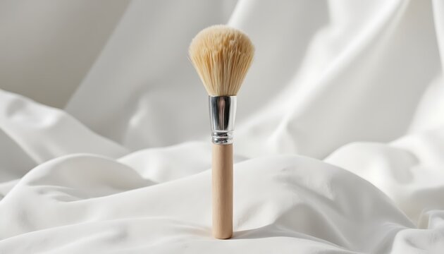 A makeup brush with a wooden handle on a soft white fabric background in an elegant minimalist style.