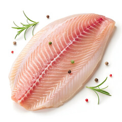 Raw tilapia fillet isolated on white background showcasing fresh fish ingredient ideal for cooking, healthy meals, recipes,