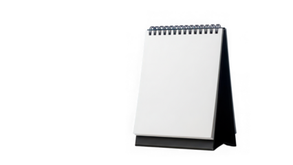 Blank spiral bound desk notepad standing upright with empty white page for writing or drawing, isolated on transparent background