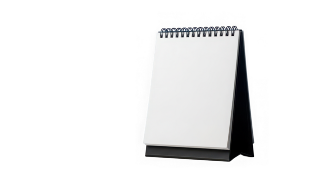 Blank spiral bound desk notepad standing upright with empty white page for writing or drawing, isolated on transparent background - Powered by Adobe